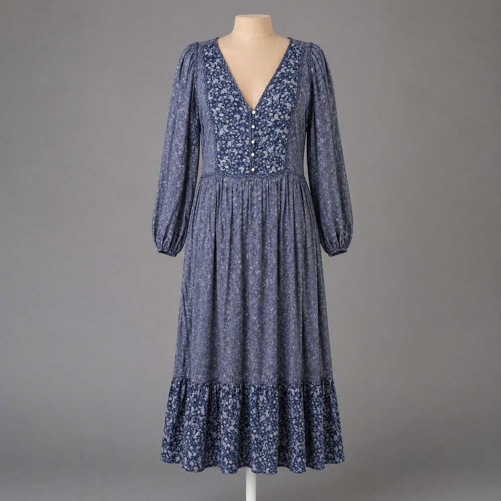 Ditsy Floral Ruffle Peasant Dress Size XL Blue Tiered Boho Prairie Cottagecore - Picture 1 of 9